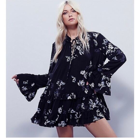 Free People Women’s Cloverfield Tunic Blouse/ Boho Dress Black Gray Size Medium - Picture 2 of 7